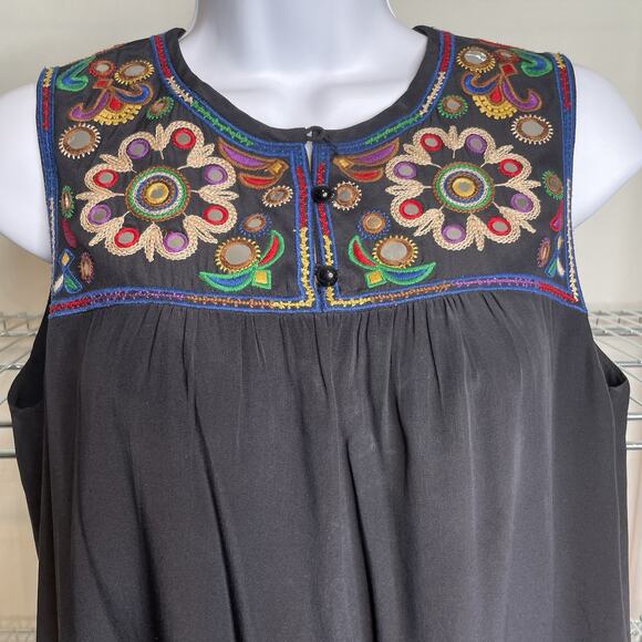 Tibi Women's Black‎ Embroidered Sleeveless Silk Dress Size 4 Aztec Boho Party - Picture 8 of 14